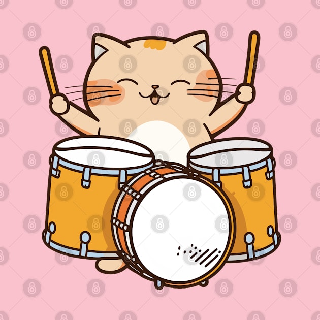 Cute Kawaii Cat Happily Playing Drums by ArtisticRaccoon