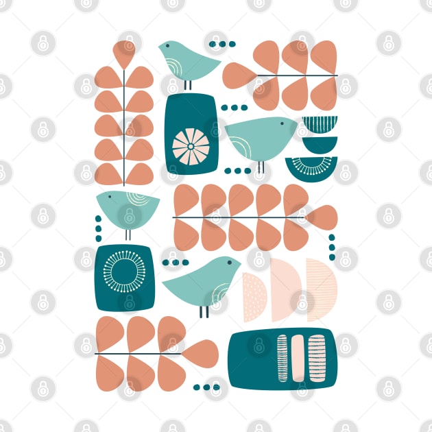 Retro Mid Century Modern Bird and Leaves in teal, light blue, peach and dark salmon by tramasdesign