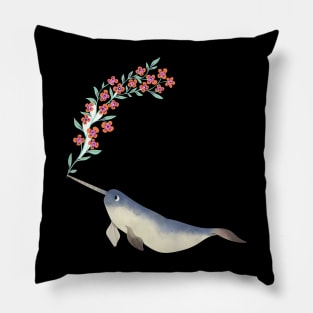 Narwhal Cherry Blossom Flowers Pillow