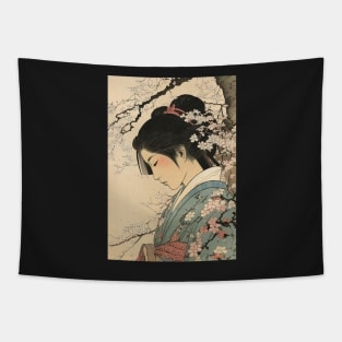 Ukiyo-e Japanese Art - Beautiful Woman Meditating Under a Cherry Blossom Tree Tapestry