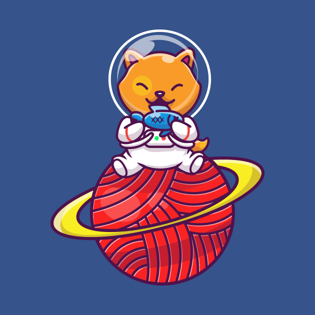 Cute Cat Astronaut Sitting On Planet With Fish Cartoon by Catalyst Labs