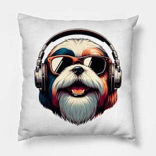 Lhasa Apso Smiling DJ Enjoys Vibrant Beats Pillow