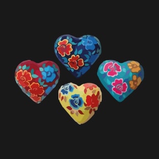 Mexican wooden heart oaxacan hand painted flower milagrito turquoise hot pink folk art interior design T-Shirt