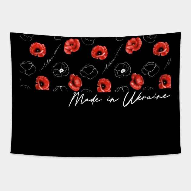 Poppies pattern with text English Made in Ukraine. Tapestry by Olena Tyshchenko