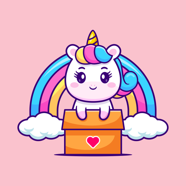 Cute Unicorn In Box With Rainbow Cartoon by Catalyst Labs