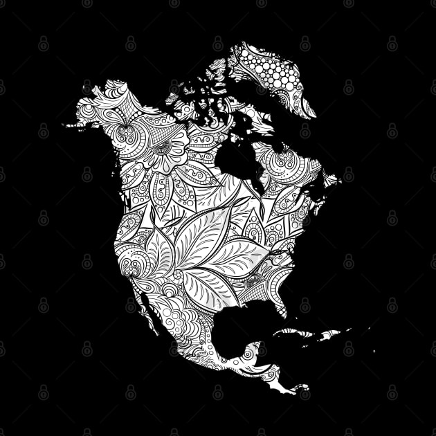 Mandala art map of North America with text in white by Happy Citizen