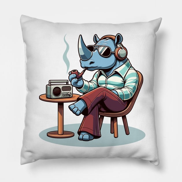 smoking 70s rhino and a vintage radio Pillow by TimeWarpWildlife