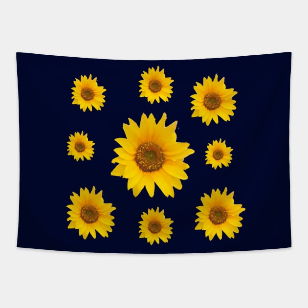 Sunflowers Bloom in a Blue Background - Groovy Summer Tapestry by Star58