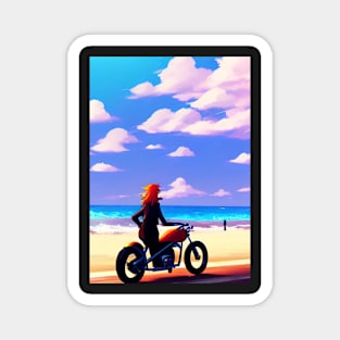 COOL RED HEADED GIRL ON BEACH WITH MOTORCYCLE RETRO Magnet