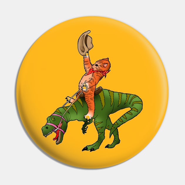 Funny rodeo Cat riding Dinosaur Pin by GRADA