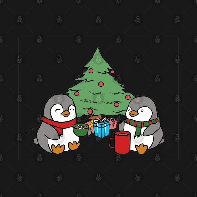 Christmas Penguins Enjoying Hot Cocoa with Christmas Tree v3 by Elizabeths-Arts