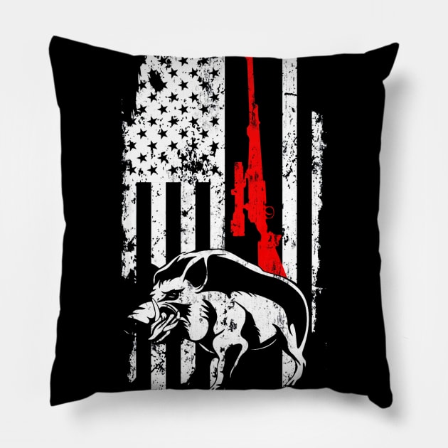 Boar Hunting Hog Hunting Deer Duck Hunting American Flag Pillow by Kiwistore