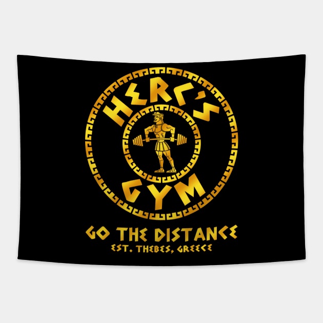 Herc's Gym (Gold) Tapestry by onarolltees