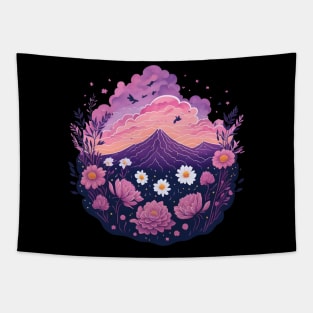 Aesthetic Mountain and Flowers Tapestry