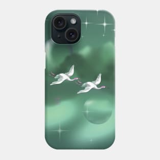 Two Japanese cranes flying over a green lake Phone Case