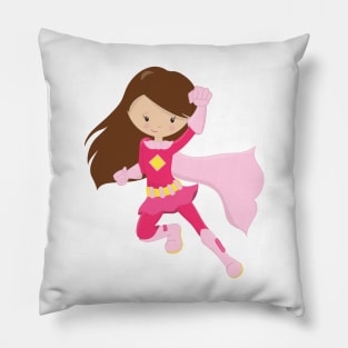 Superhero Girl, Cute Girl, Brown Hair, Pink Cape Pillow