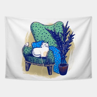 Armchair with cute white cat and white bird Tapestry