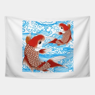 Red Koi fish and blue waves Japanese style pattern Tapestry