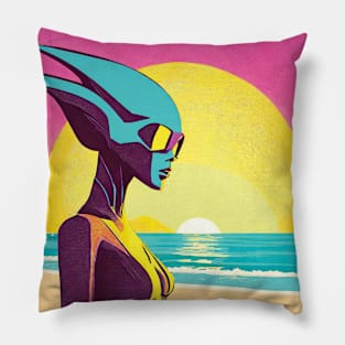 Retro Alien Woman at the Beach Pillow