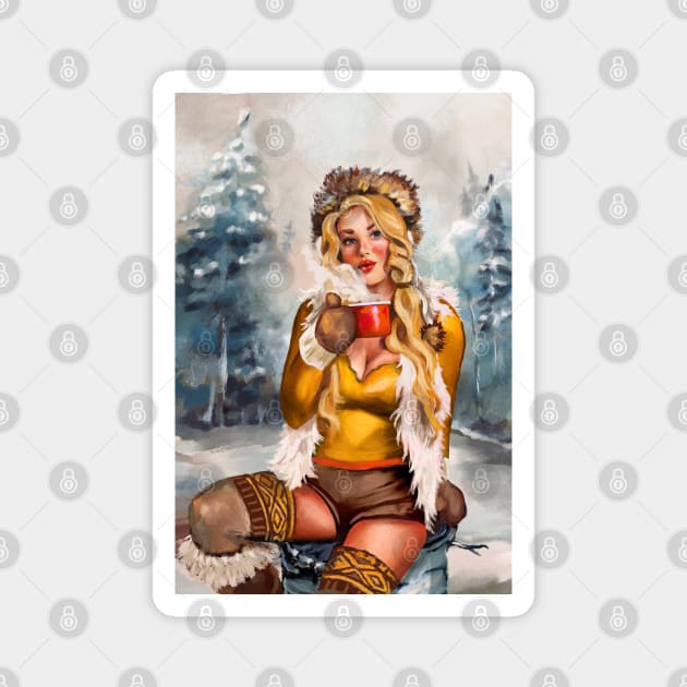 "A Hot Drink On A Cold Day" Cute Retro Pinup Girl Art Magnet by The Whiskey Ginger