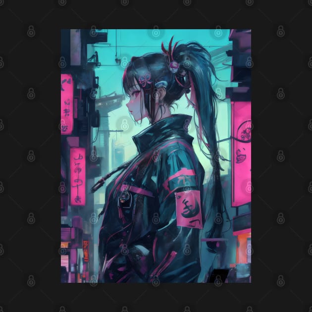 Neon cyberpunk girl ukiyo e art by Spaceboyishere