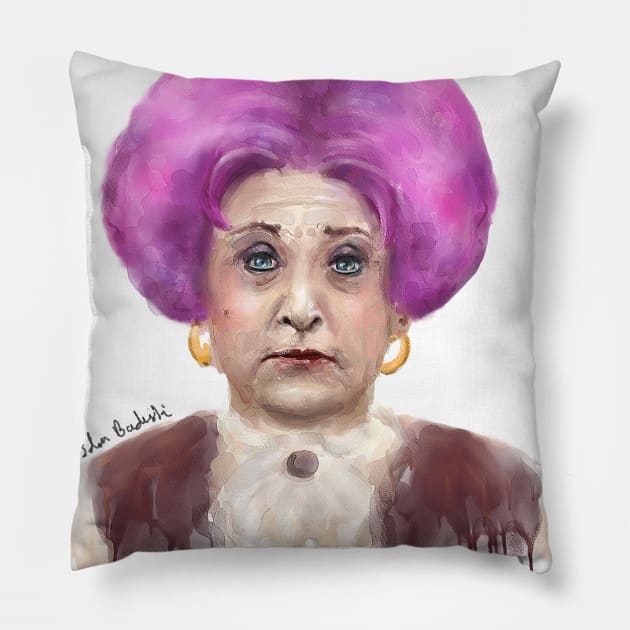 Funny Looking Old Lady with Crazy Pink Wig Pillow by ibadishi