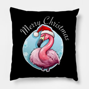 Pink Flamingo Wearing Santa Hat - Merry Christmas (White Lettering) Pillow