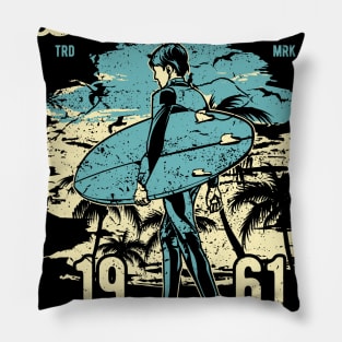 California Surfer Blue Beach Surfing Retro Vintage Distressed Pillow