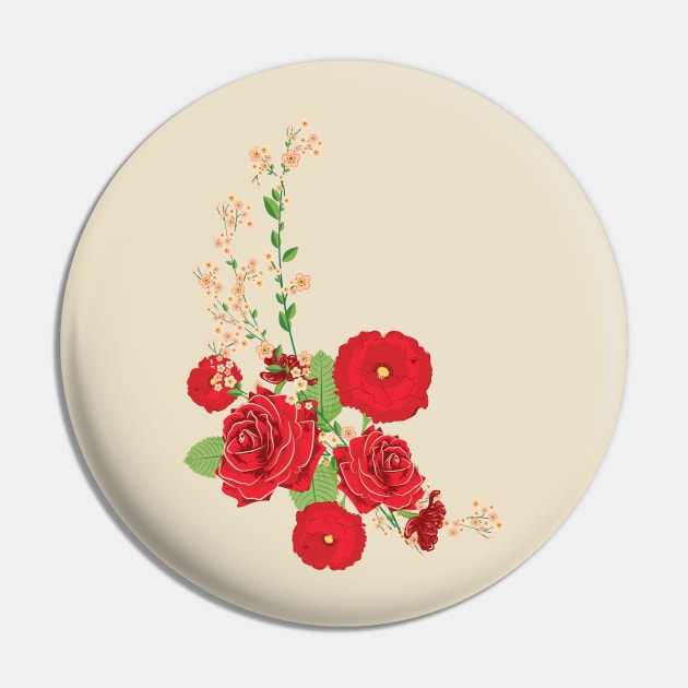 Red Roses and Poppies Ornament Pin by AnnArtshock