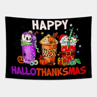 Halloween Thanksgiving Christmas Happy HalloThanksMas Coffee Tapestry