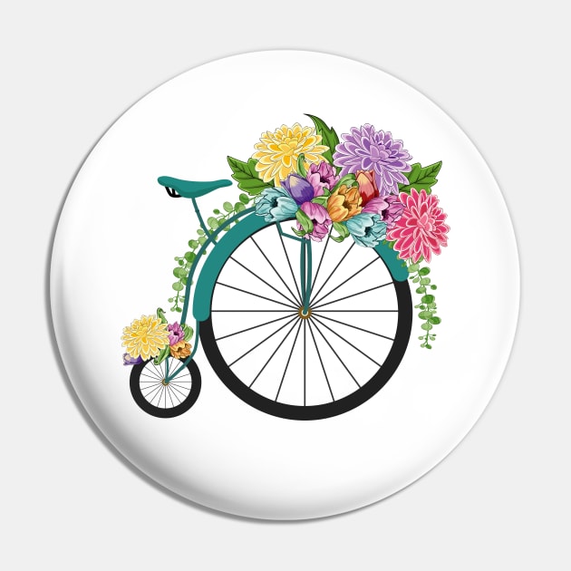 Vintage Floral High Wheel Bicycle - Spring Flowers Pin by Designoholic