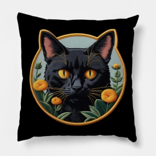 Black Cat Botanical Embroidered Patch Pillow