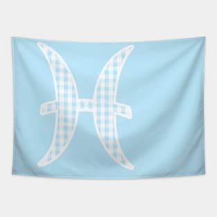 Pisces Zodiac Horoscope Symbol in Pastel Blue and White Gingham Pattern Tapestry