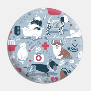 Veterinary medicine, happy and healthy friends // pattern // pastel blue background red details navy blue white and brown cats dogs and other animals Pin