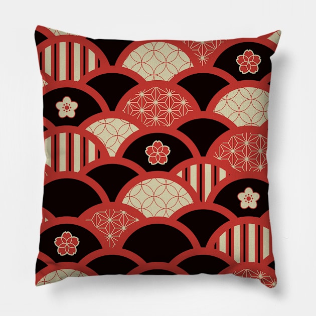 Red Kimono pattern textured waves style Pillow by Elemesca