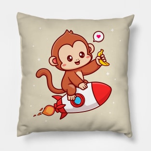 Cute Monkey Riding Rocket And Holding Banana Cartoon Pillow