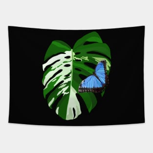 Blue Morpho Butterfly on a Monstera Albo Leaf Tapestry