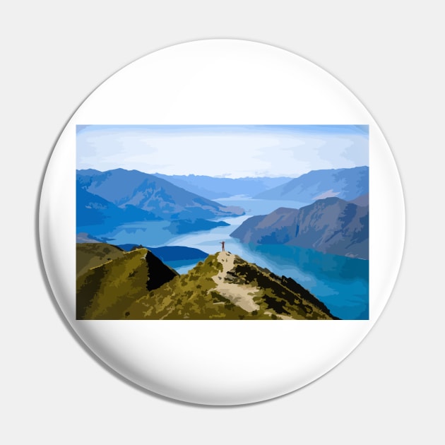 Roy's Peak Track Wanaka New Zealand Digital Painting Pin by gktb