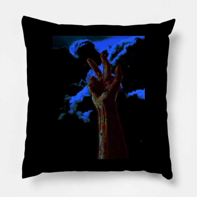 Digital collage and special processing. Hand near clouds. Holy trinity hand gesture. Blue, red and green. Pillow by 234TeeUser234