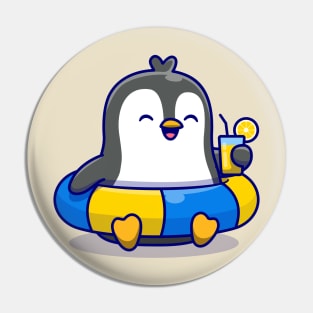 Cute Penguin With Swimming Tires And Orange Juice Cartoon Pin