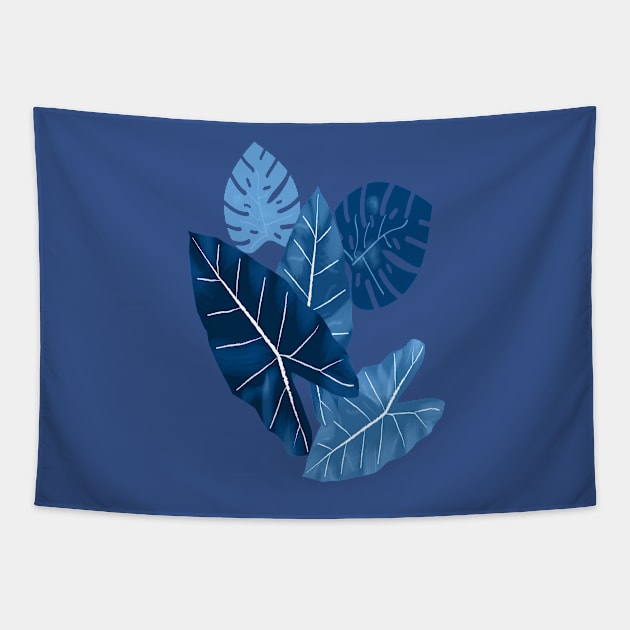 Classic Blue Tropical Leaves Tapestry by RoxanneG