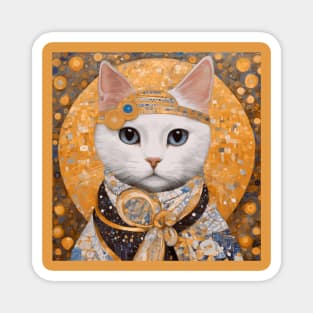 White Klimt Cat with Blues Eyes Magnet