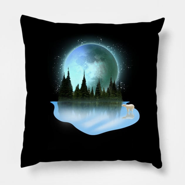 Full cold moon on december with frozen lake Pillow by AdishPr