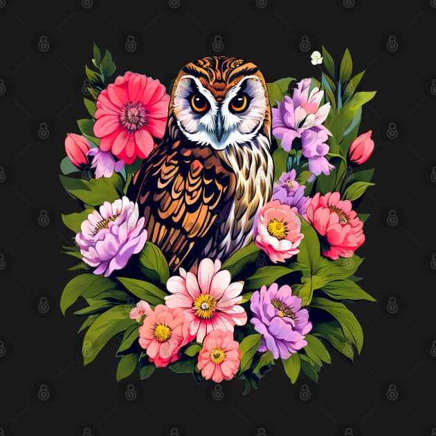 A Cute Short Eared Owl Surrounded by Bold Vibrant Spring Flowers by BirdsnStuff