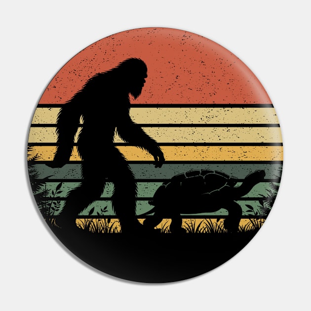 Bigfoot Walking With a Turtle Vintage Distressed Sunset Hiking Pin by Cuteness Klub