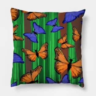 Blue and Orange Butterflies with Abstract Trees and Grass Pillow