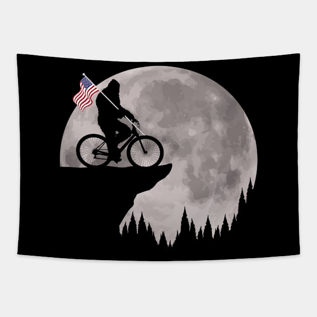 Bigfoot Riding BIke American Flag Tapestry by Tesszero