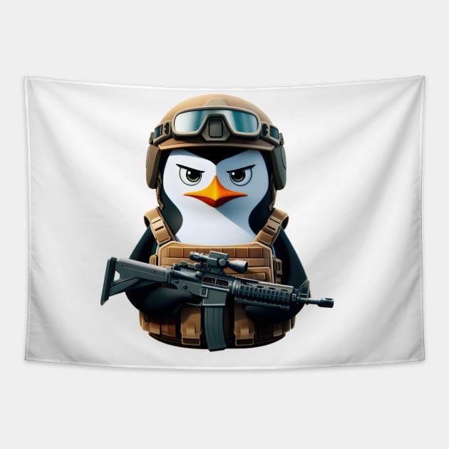 Tactical penguin Tapestry by Rawlifegraphic