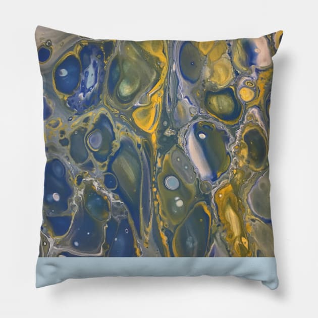 Acrylic Pour Blue and Yellow Pillow by TheMonkeyKingArts