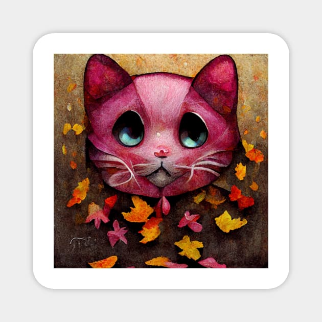 Adorable happy pink cute Kitty On The Autumn leaves cat lover gifts Magnet by FoolDesign